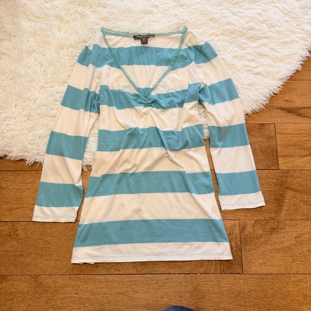 Tommy Bahama Womens Teal White Striped V-Neck Lace Trim Top Size Medium Coastal